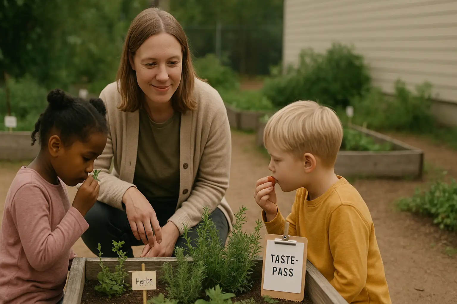 Nærbilde av små barnehender som gnir mynteblader i en skolehage. En liten vannkanne står uklart i bakgrunnen.