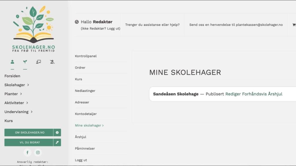 Mine skolehager med status og lenker for redigering og forhåndsvisning