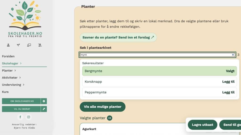 Søk i plantearkivet med knapp for å legge en plante til profilen.