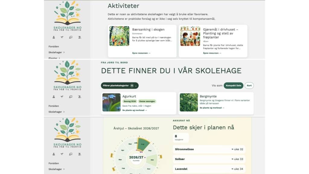 Faner med planter, aktiviteter, undervisningsopplegg og offentlige årsplaner.