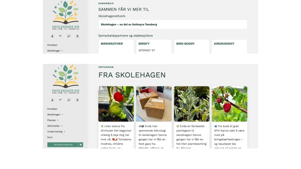 Faner med samarbeidspartnere, bildegalleri og Instagram-innlegg.