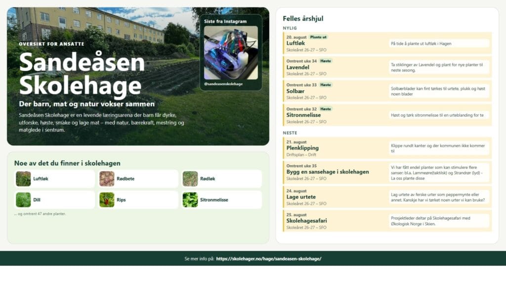Skolehageprofil med bilde, introduksjon og planter som kan brukes på infoskjermen.