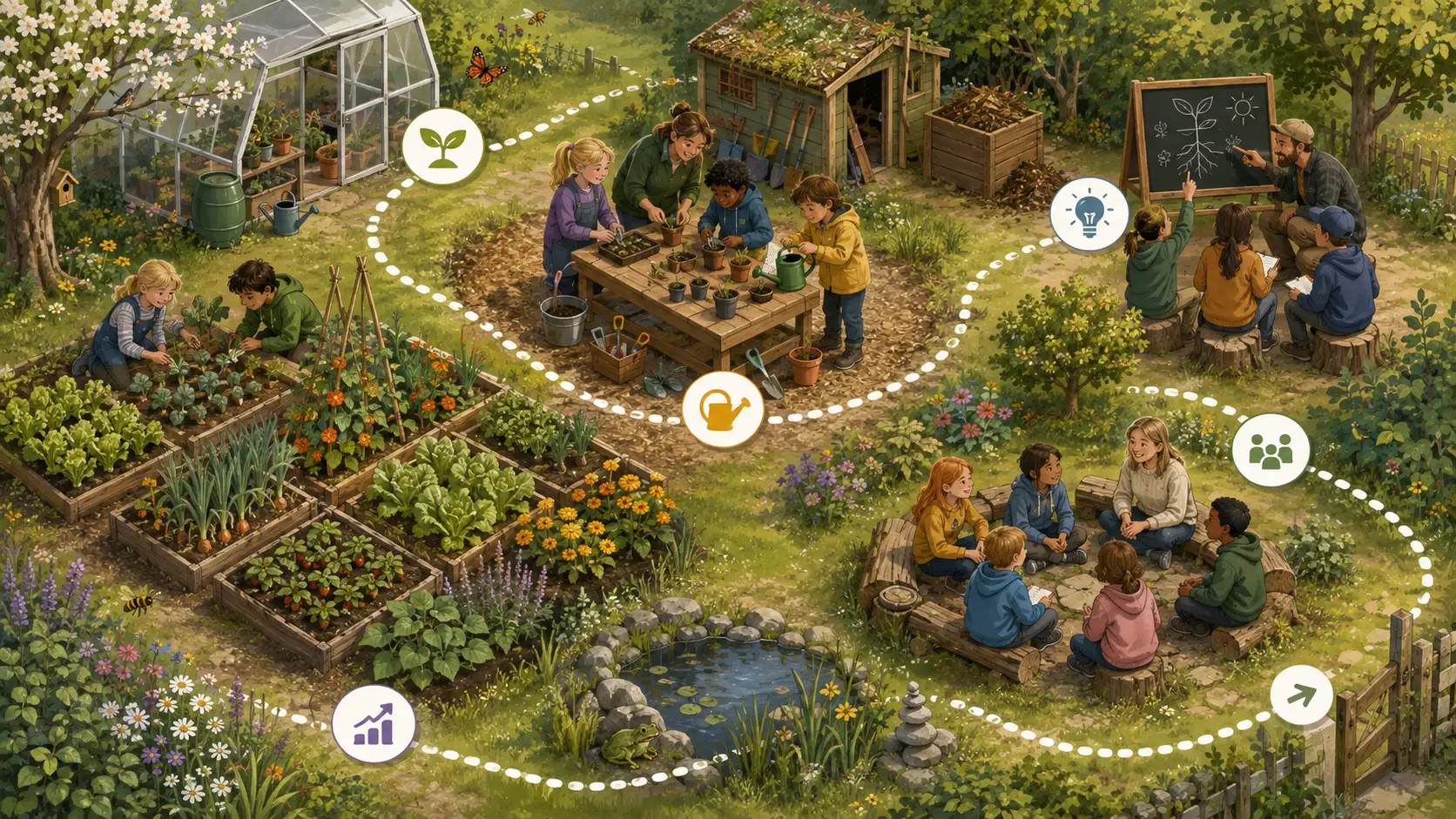 Infografisk illustrasjon av en stiplet læringssti gjennom en fantasifull skolehage, der barnegrupper beveger seg mellom dyrkingsfelt, planter, aktiviteter og læringsstopp.